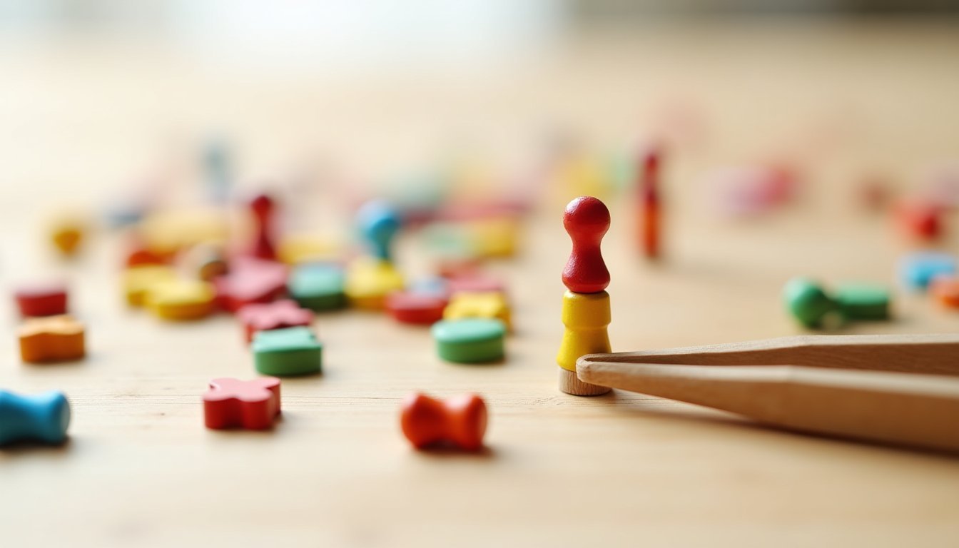 Peças pequenas de madeira colorida e pinça infantil sobre mesa, material para treino de coordenação motora fina