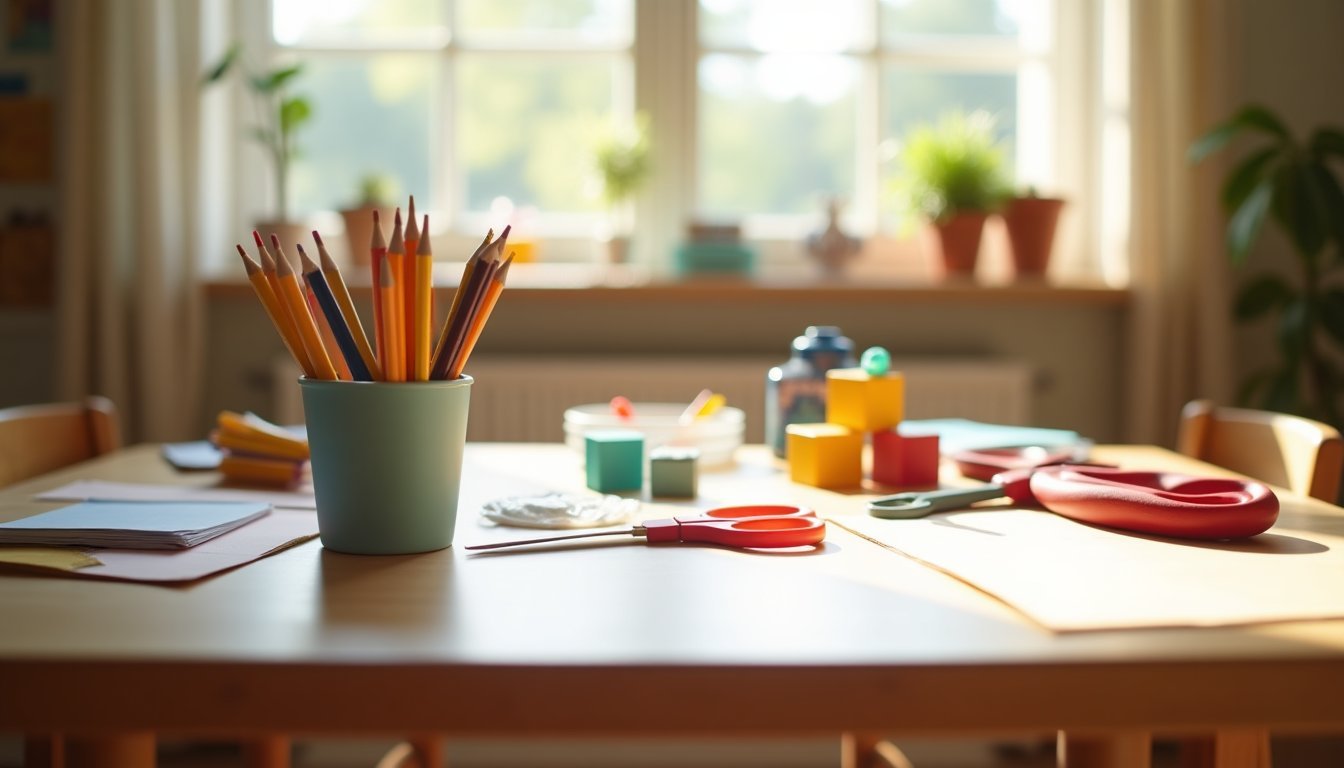 Mesa infantil com materiais de artesanato e atividades manuais organizados, ambiente de terapia psicomotora