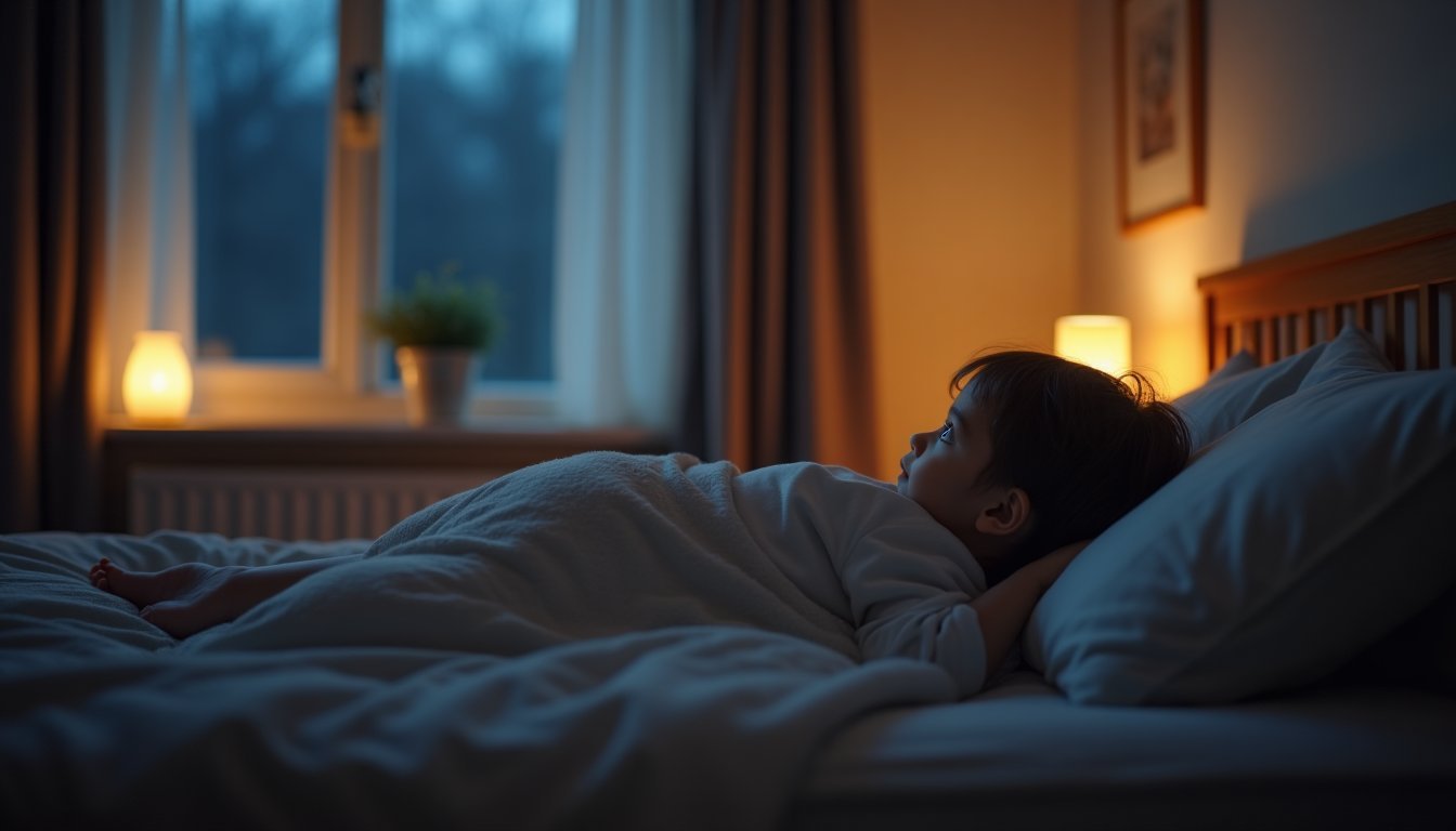 Quarto infantil com iluminação suave e ambiente preparado para rotina de sono de criança autista, com cortina blackout e luz noturna