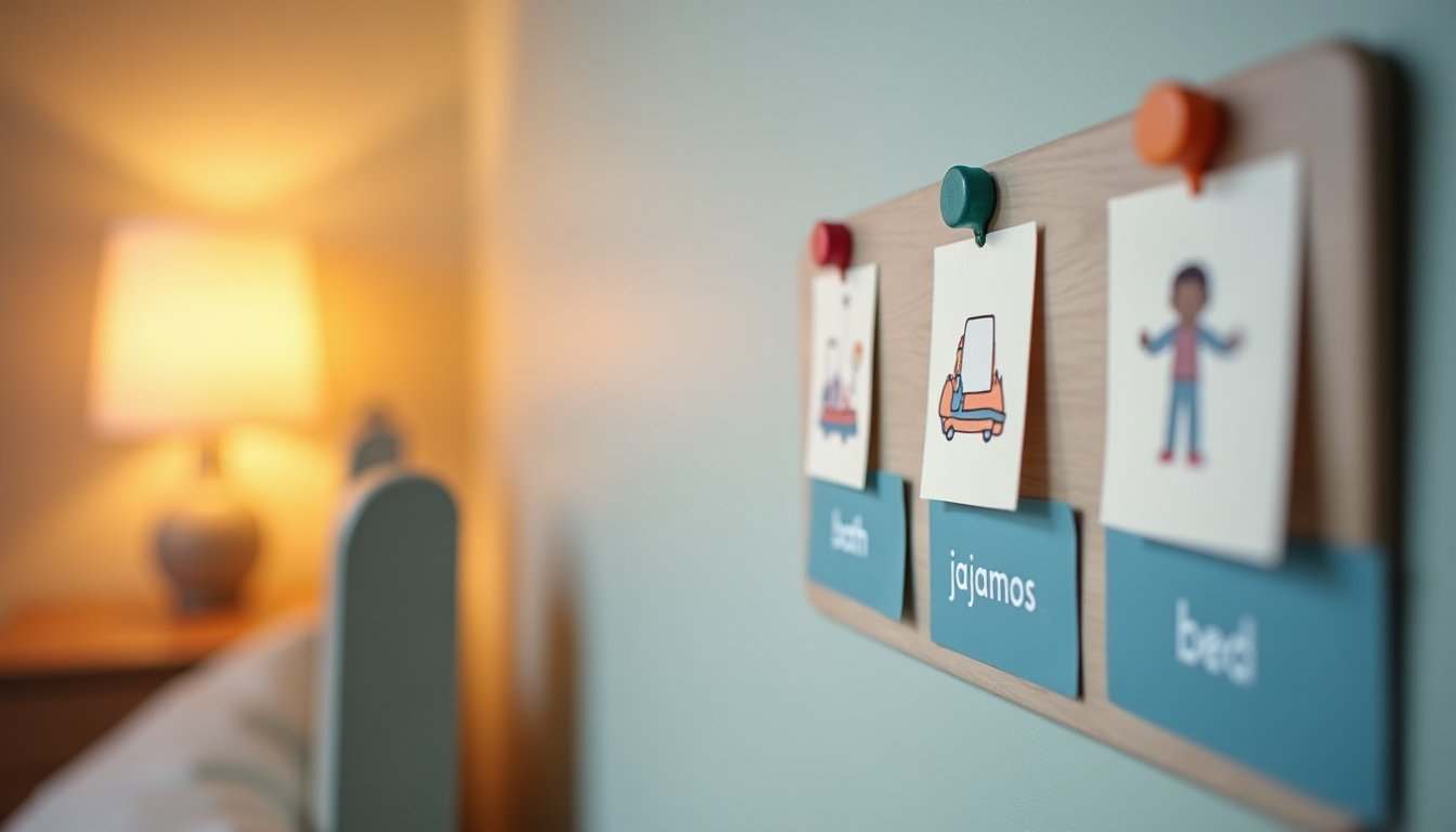 Quadro de rotina visual com cartões ilustrados de sequência para dormir, ferramenta de apoio para crianças autistas