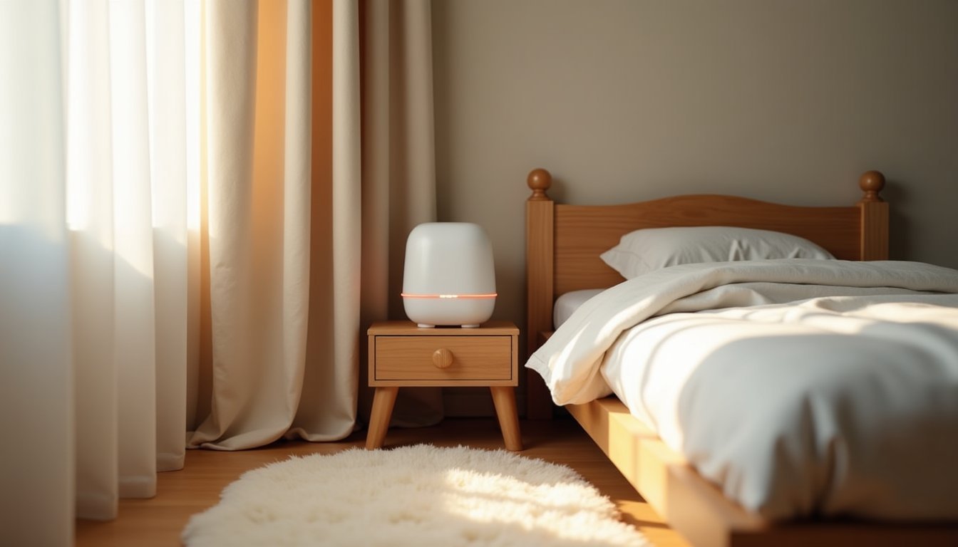 Canto de quarto infantil com ambiente sensorial adequado para sono de criança com autismo, incluindo máquina de ruído branco e decoração neutra