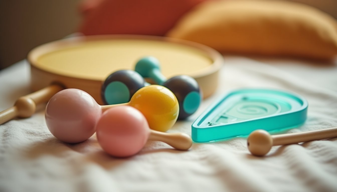 Instrumentos de percussão infantis coloridos sobre tecido macio: pandeiro, maracas, triângulo e tambor oceano, close com foco em texturas