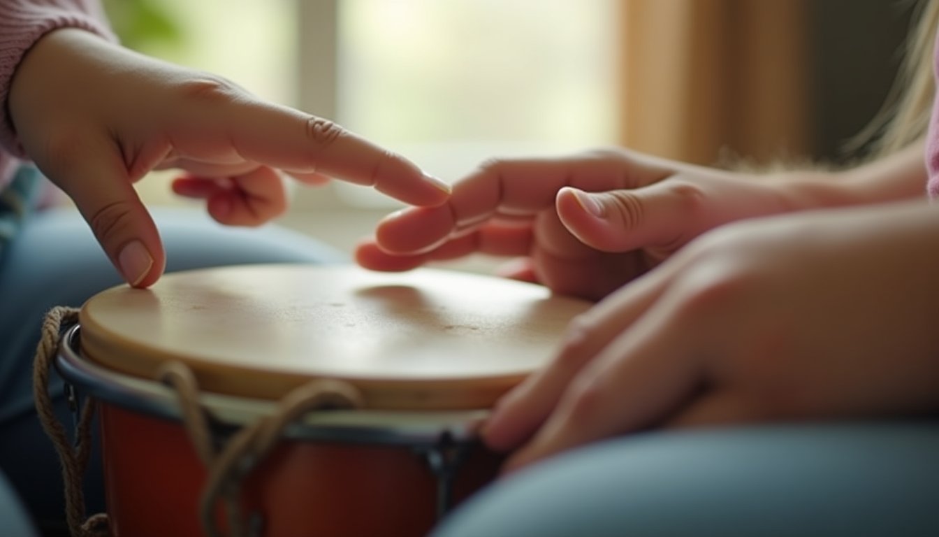 Mão adulta segurando tambor pequeno enquanto mão infantil toca a superfície do instrumento, cena de interação terapêutica em musicoterapia