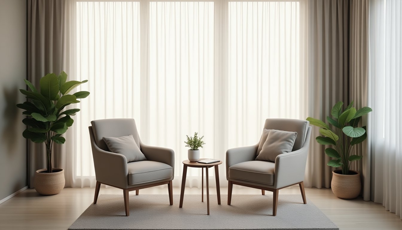 Sala de atendimento clínico com duas cadeiras confortáveis posicionadas para conversa, mesa lateral com bloco de notas, planta e luz natural suave