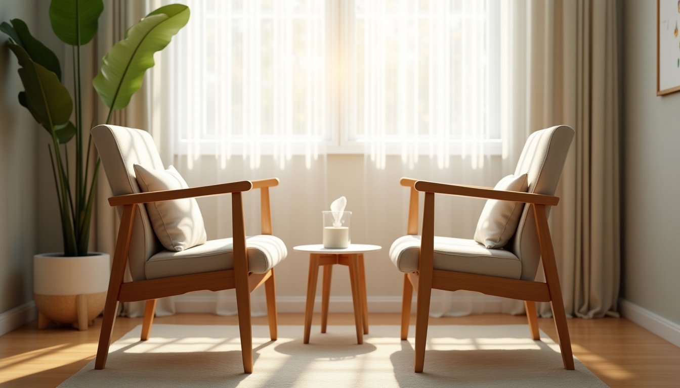 Duas cadeiras vazias posicionadas uma de frente para a outra em consultório de terapia de casal, iluminação natural suave, ambiente acolhedor e tranquilo