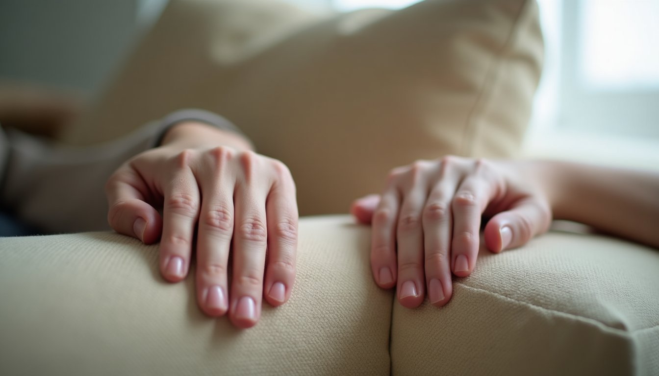 Duas mãos de adultos repousando lado a lado no braço de um sofá, sem se tocar, representando distância e possibilidade de reconexão
