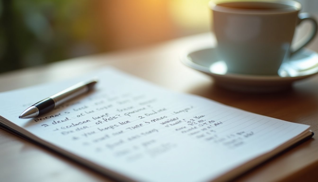 Bloco de anotações com perguntas escritas à mão sobre mesa de centro, caneta e xícara de café ao lado, ambiente de sessão terapêutica