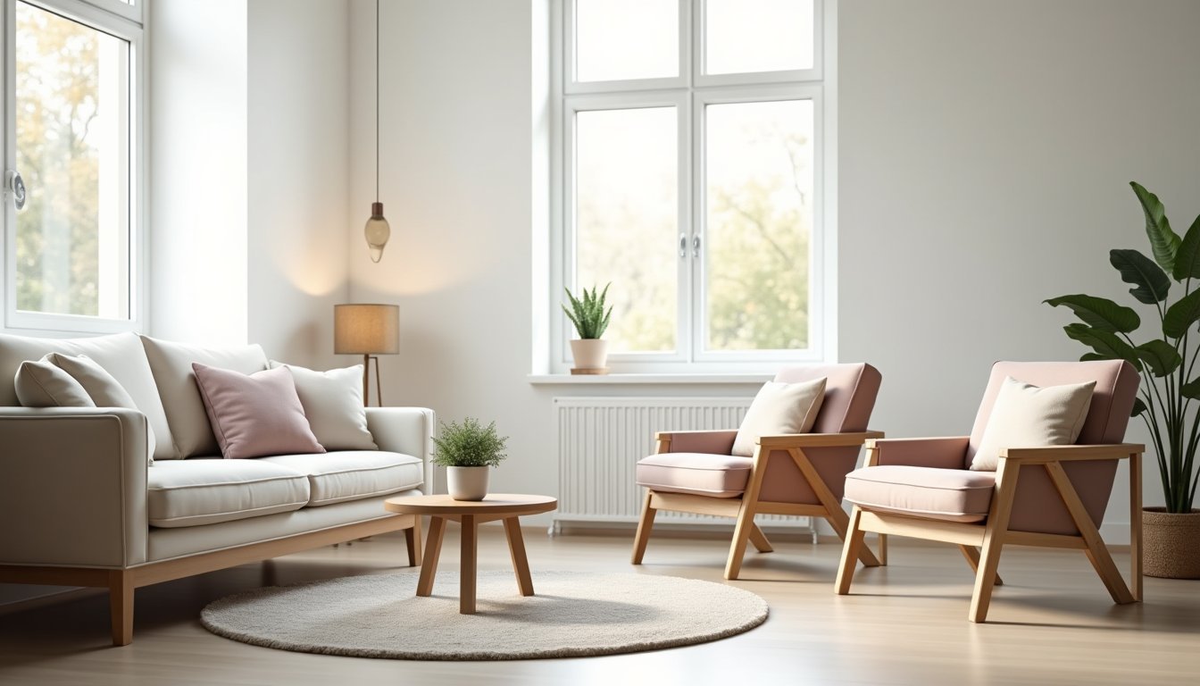 Sala de terapia acolhedora com sofá e poltronas organizadas em semicírculo, iluminação natural, ambiente minimalista e confortável para sessões de casal